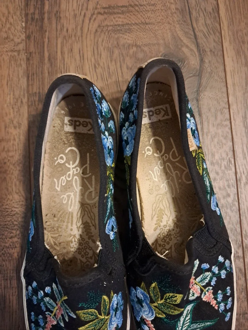 Keds Rifle Paper Co. Black Slip-On Sneakers with Blue Floral Embroidery